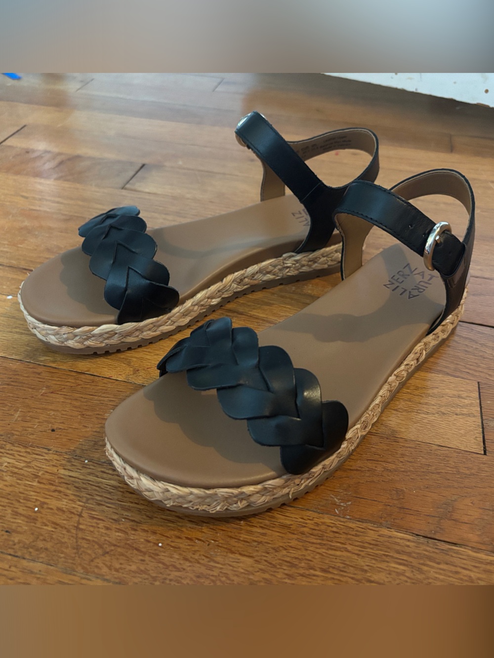 Naturalizer Black Braided Ankle-Strap Espadrille Sandals with Tan Footbed